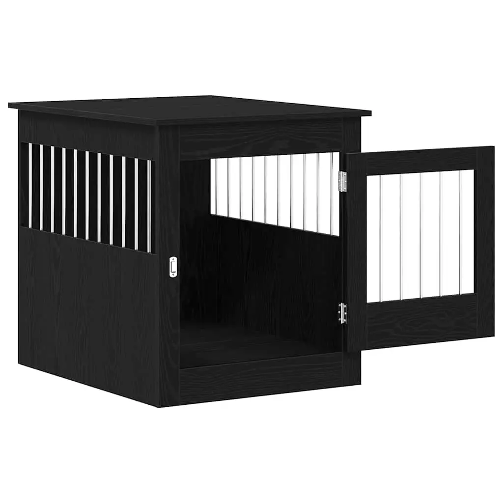 Dog Crate Furniture End Table Black Oak Engineered Wood Steel Wire Kennel House