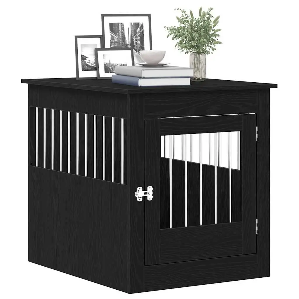 Dog Crate Furniture End Table Black Oak Engineered Wood Steel Wire Kennel House