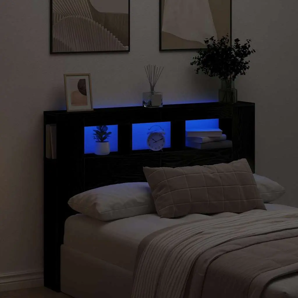 LED Headboard Black Engineered Wood Bedroom Furniture Storage Shelf Multicolour Adjustable LED Strip Lights USB Powered