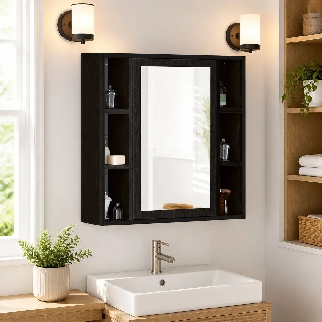 Bathroom Mirror Cabinet Wall-Mounted Storage Vanity Unit Black 60x16x60cm