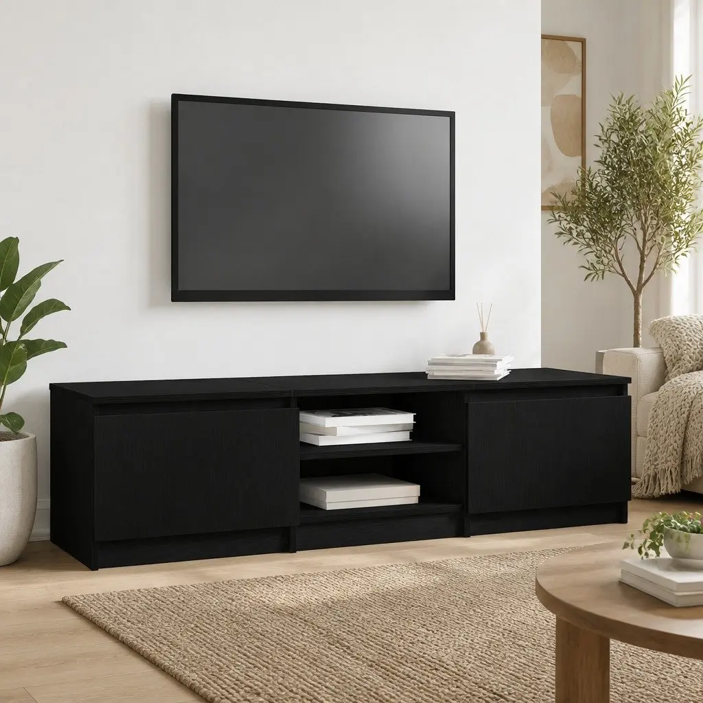 TV Stand Engineered Wood Black Oak 140x40x36cm Storage Unit for Living Room