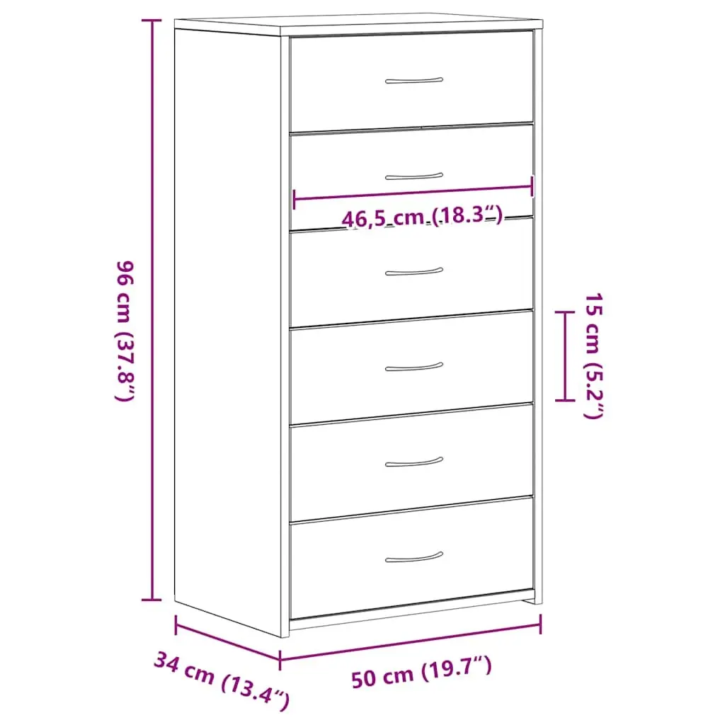 Sideboard Cabinet 6 Drawers Black Oak Engineered Wood Storage Buffet Furniture