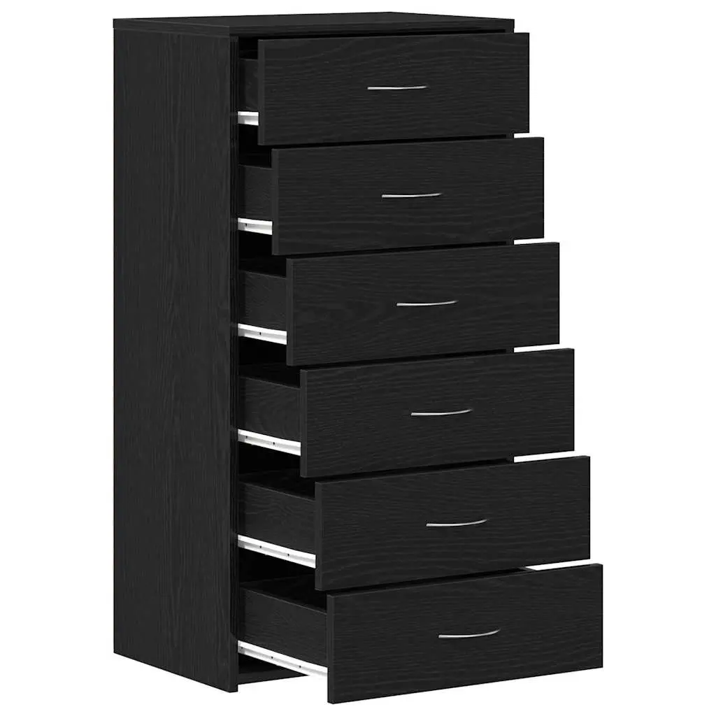 Sideboard Cabinet 6 Drawers Black Oak Engineered Wood Storage Buffet Furniture