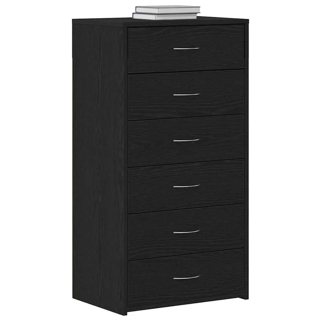 Sideboard Cabinet 6 Drawers Black Oak Engineered Wood Storage Buffet Furniture