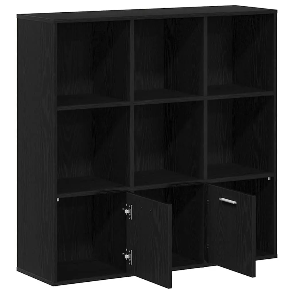 Black Oak Bookshelf Engineered Wood 7 Compartment 2 Door Storage Unit