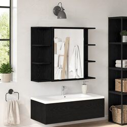 Compact Black Oak Wall-Mounted Bathroom Mirror Unit 80cm