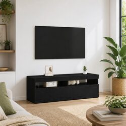 Compact and Stylish Black Oak TV Cabinet with LED Lights
