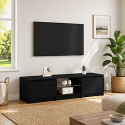 Compact Black Oak TV Cabinet with LED Lighting