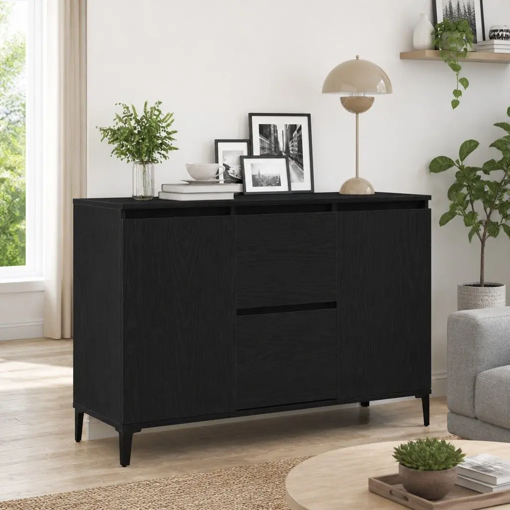 Sideboard Black 104cm Engineered Wood Flush Doors and Drawers
