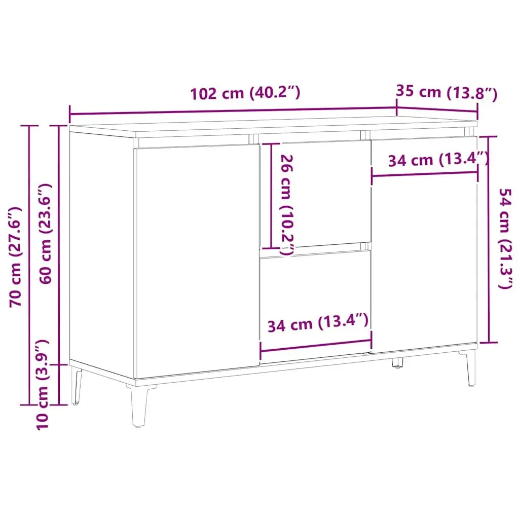 Sideboard Black 104cm Engineered Wood Flush Doors and Drawers