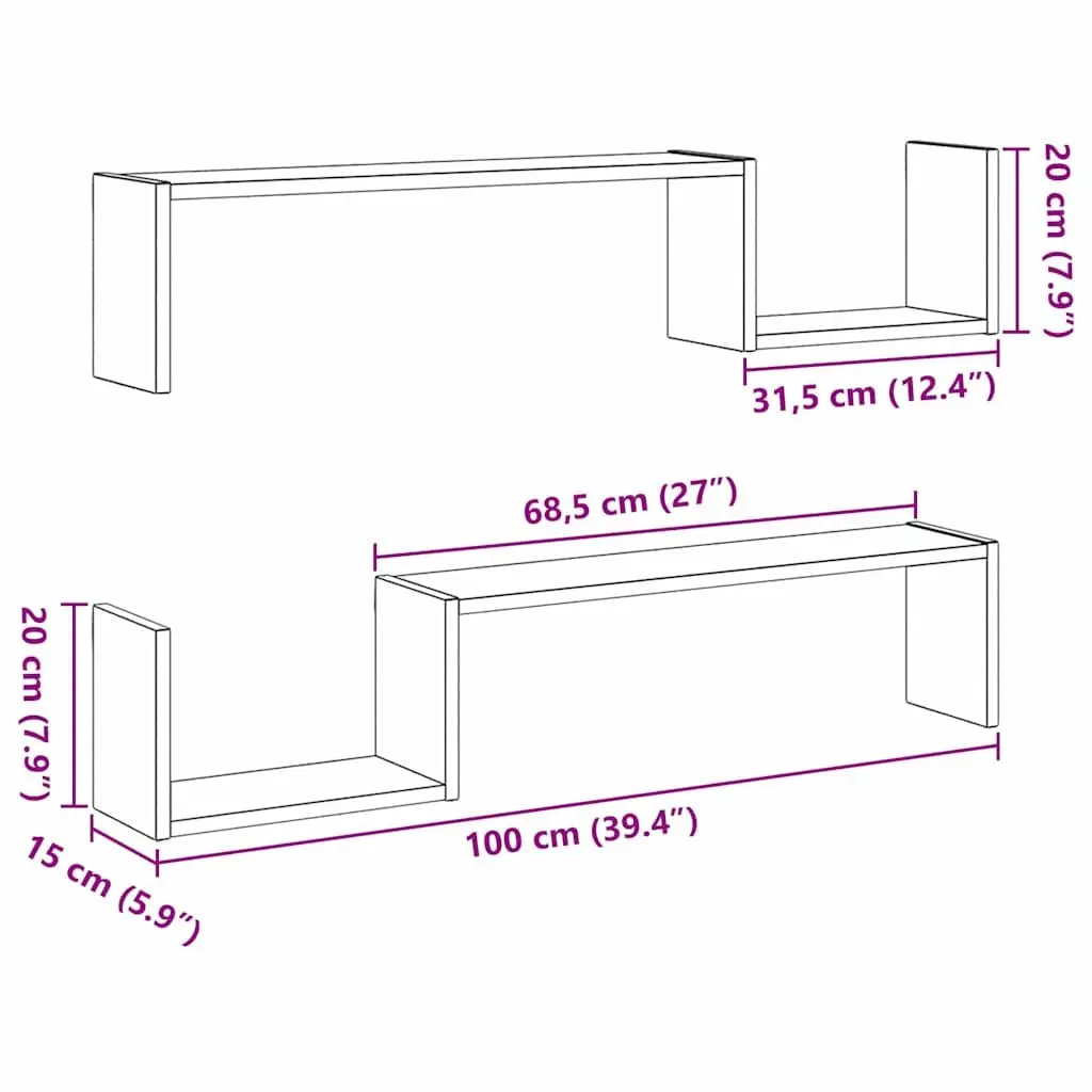 Wall Shelf 2 Pieces Black Oak 100 x 15 x 20 cm Modern Storage Display Shelves