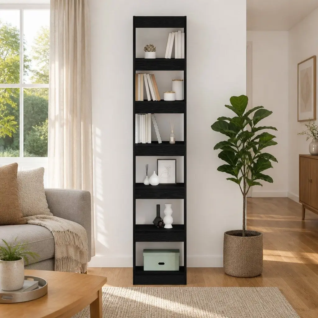 Book Cabinet Black Oak Freestanding Shelving Unit Six Open Cube Shelves