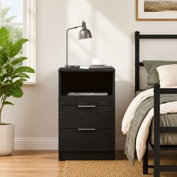 Compact and Reliable Black Oak Bedside Storage