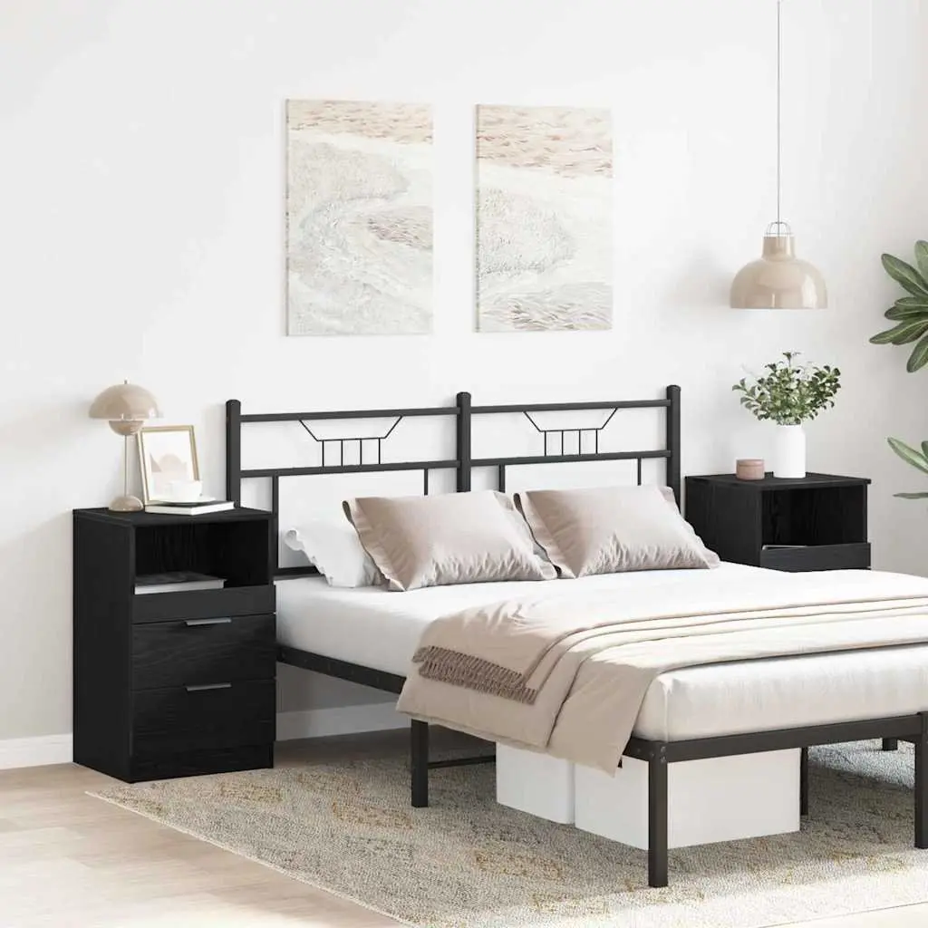 Bedside Cabinet Black 2 Piece Engineered Wood Nightstand Storage