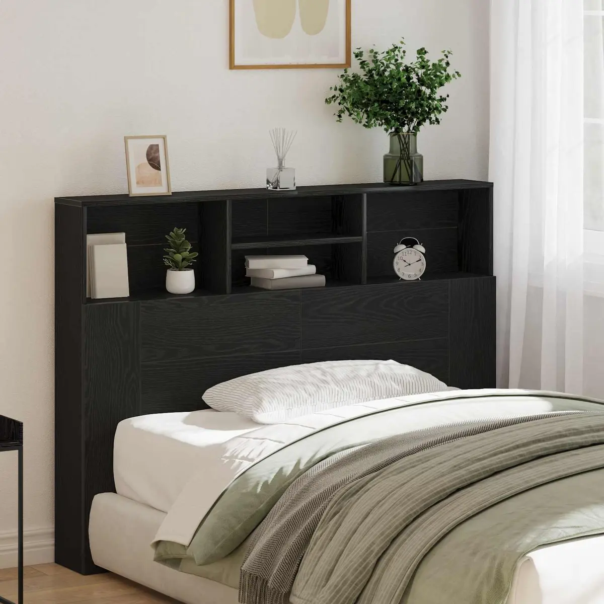 Headboard Cabinet Wall-Mounted Black Oak Modern Bedroom Storage Shelving Unit