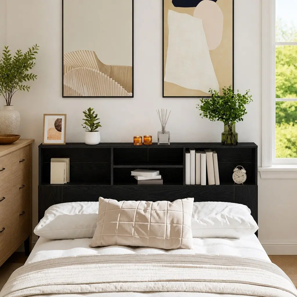 Wall-Mounted Headboard Cabinet Black Oak 160cm Bedroom Storage Shelving Unit