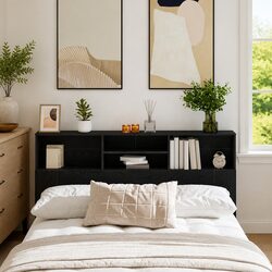 Compact Black Oak Wall Headboard Cabinet 160cm