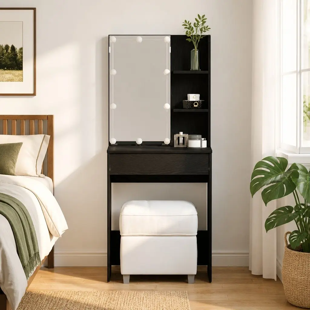 Dressing Table Black with Mirror LED Lights Storage Shelves Mid-Century Style
