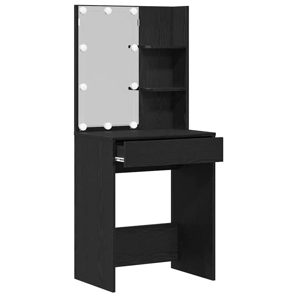 Dressing Table Black with Mirror LED Lights Storage Shelves Mid-Century Style