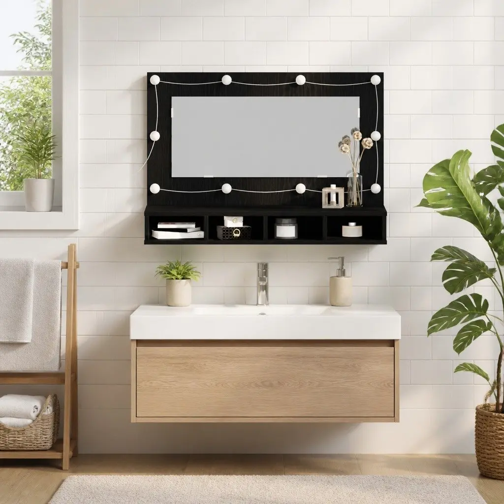 Wall-Mounted Mirror Cabinet Bathroom Vanity Storage Black Oak 90 x 31.5 x 62 cm