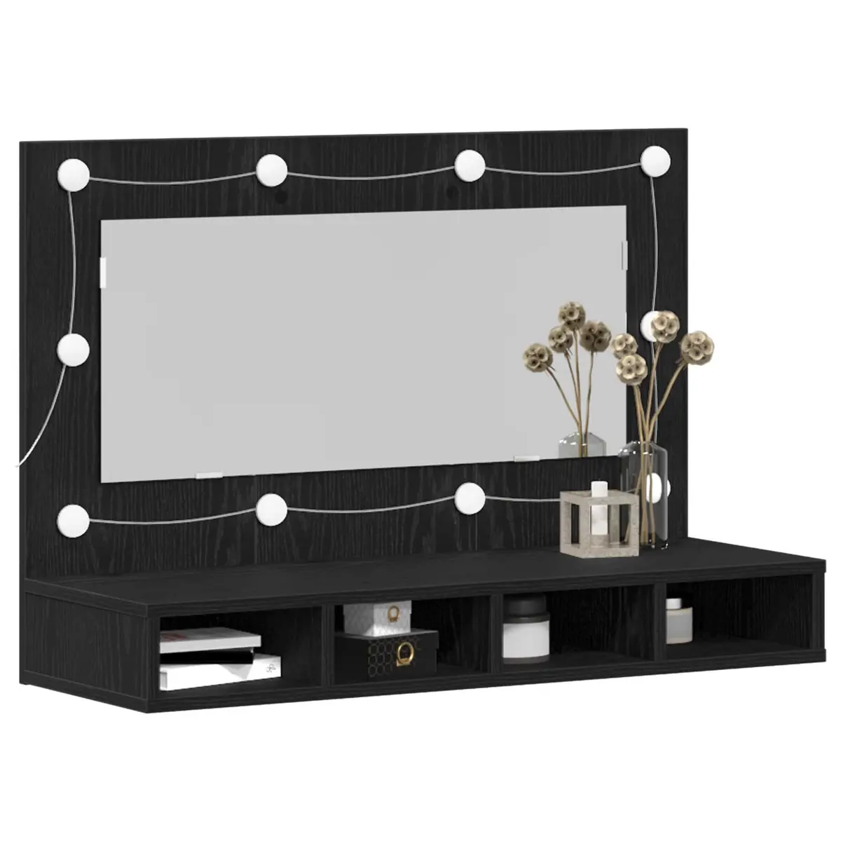 Wall-Mounted Mirror Cabinet Black Oak 90 x 31.5 x 62 cm Integrated LED Lights Spacious Interior Compartments