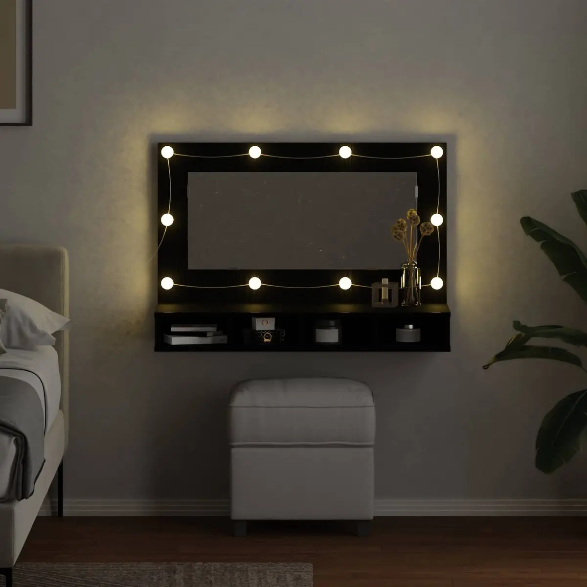 Wall-Mounted Mirror Cabinet Black Oak 90 x 31.5 x 62 cm Integrated LED Lights Spacious Interior Compartments