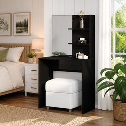 Sleek Black Oak Dressing Table with Mirror and Storage