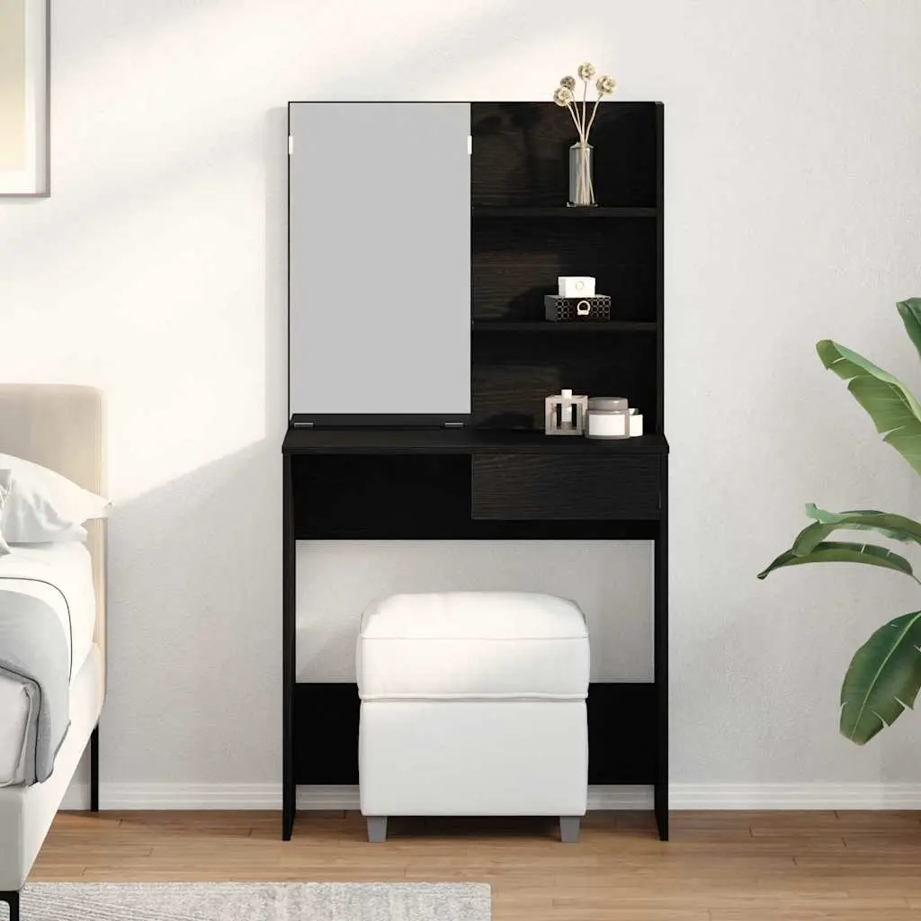 Dressing Table Black Oak Modern 74.5 x 40 x 141 cm Acrylic Mirror Drawers Shelves Storage