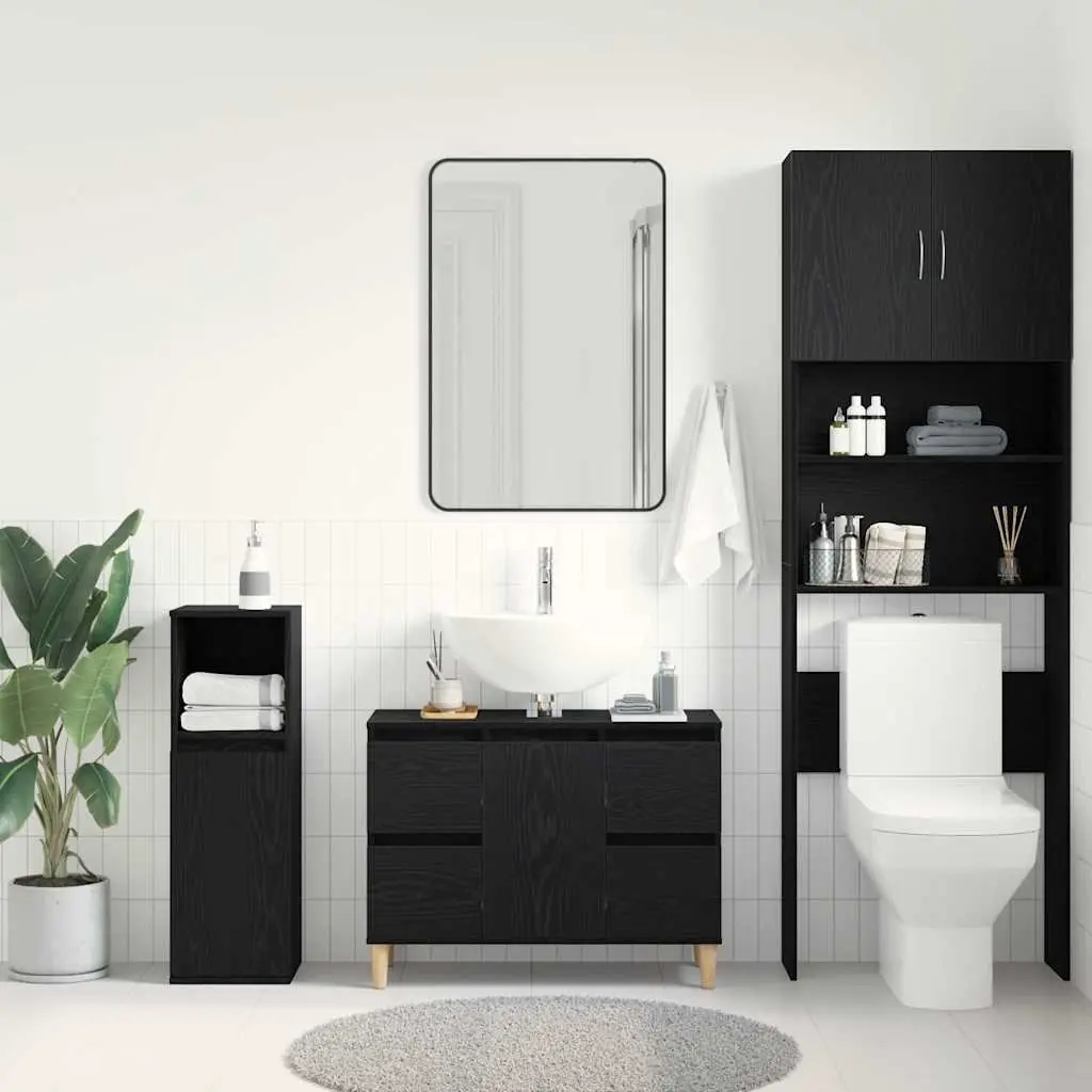 Bathroom Vanity Cabinet Sink Unit Wall-Mounted Storage Black Oak Modern Design
