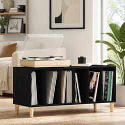 Concise Design: Black Oak Record Cabinet for Storage