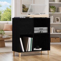 Compact Black Oak Record Storage Cabinet