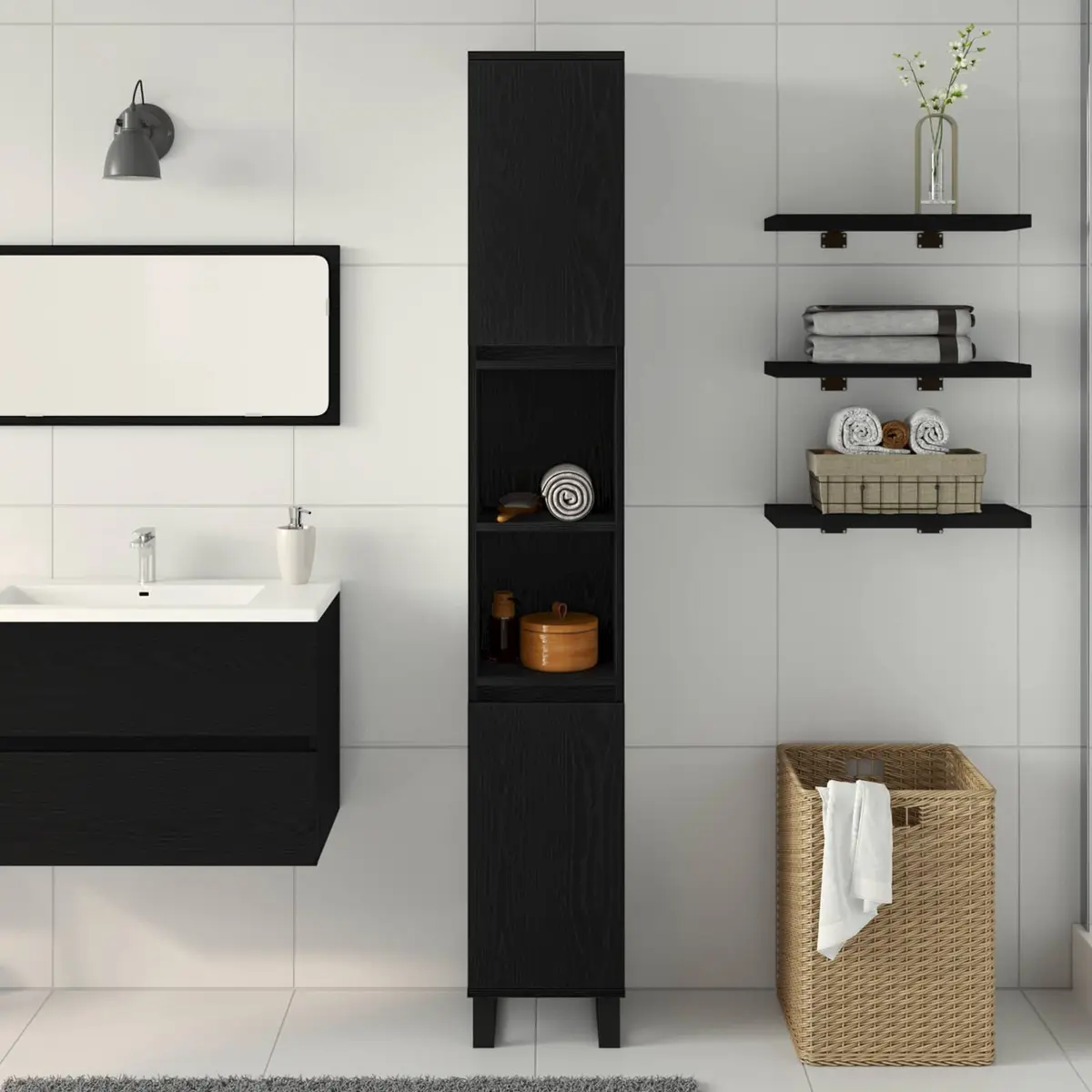Bathroom Vanity Cabinet Black 30x30x190cm Modern Storage Unit