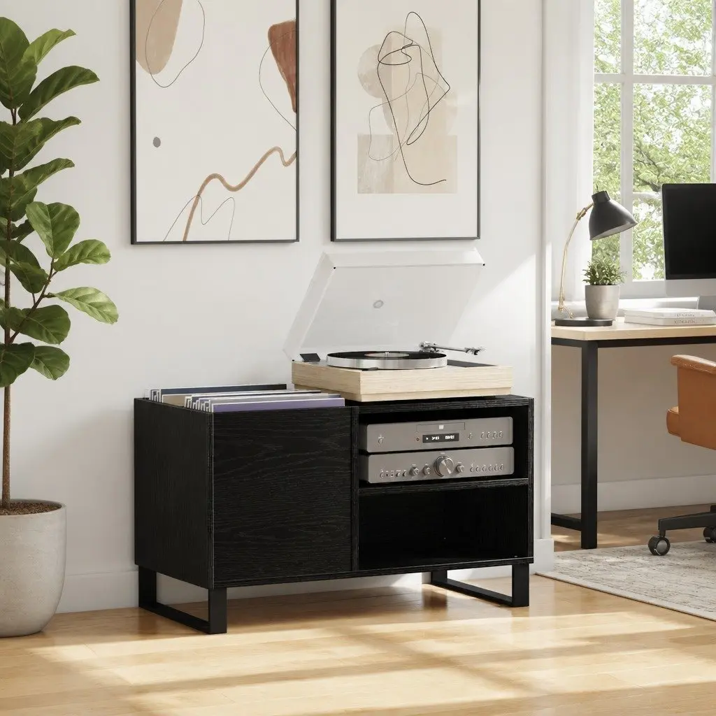 Media Storage Cabinet Black Oak Modern Engineered Wood Spacious Compartments