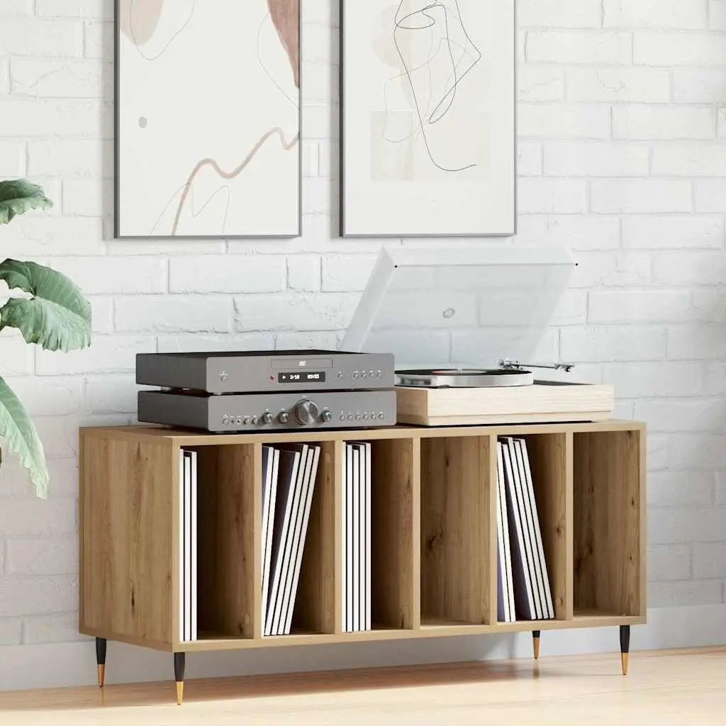 Record Cabinet Brown Engineered Wood Modern Storage Unit with Board Shelves and Tapered Steel Legs