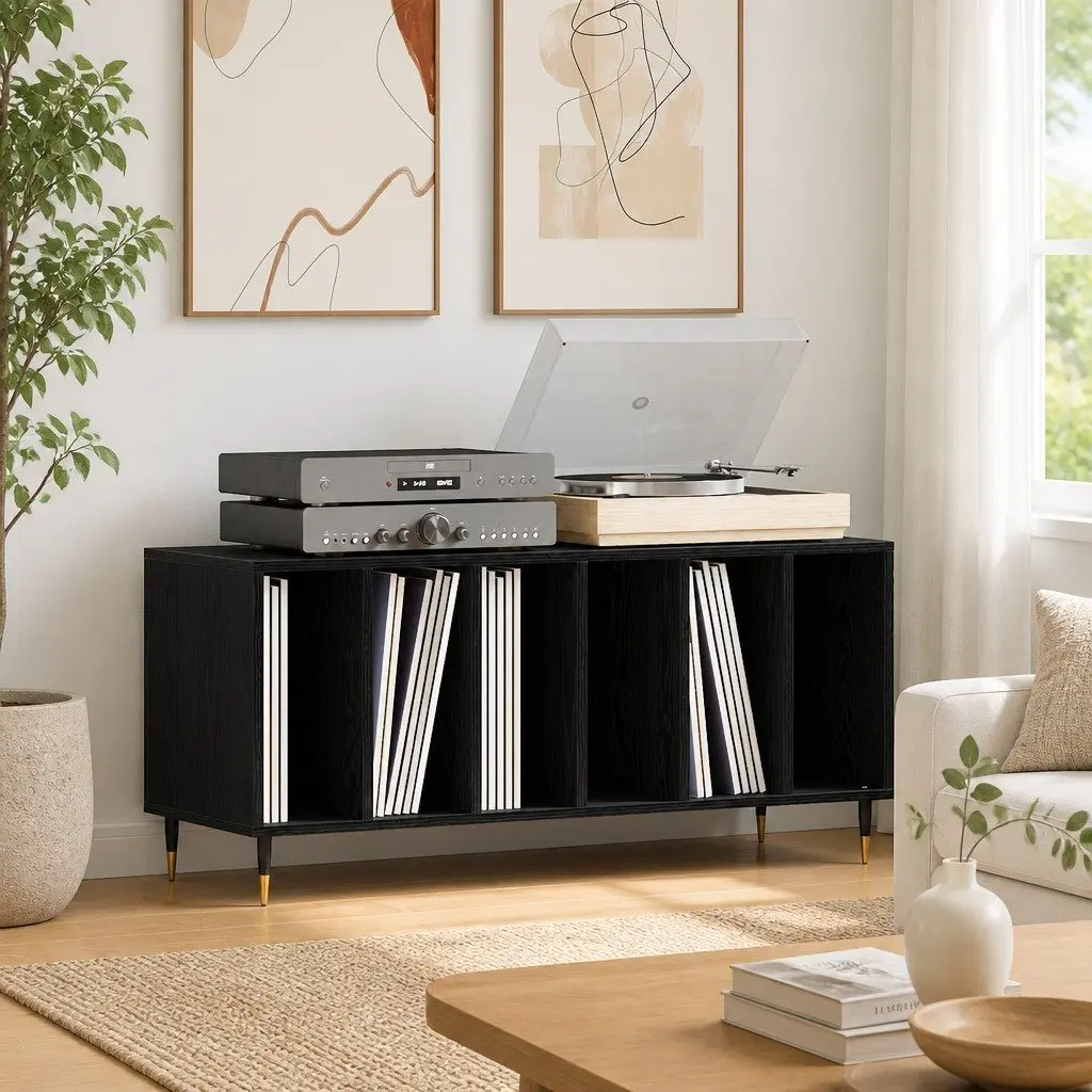 Record Cabinet Media Storage Unit Black Oak Modern Living Room Vinyl Books