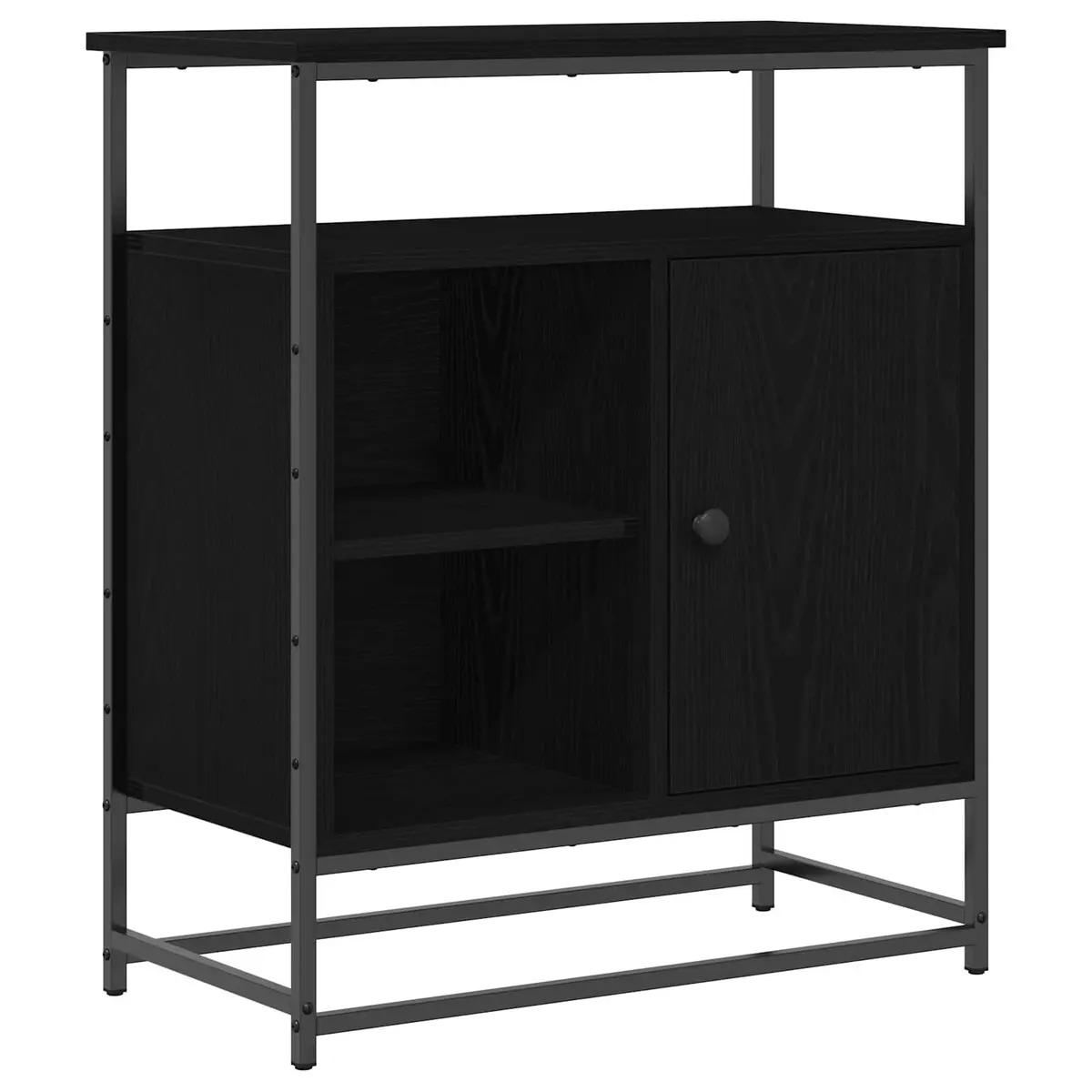 Sideboard Black Engineered Wood Modern Storage Cabinet with Hinged Doors and Steel Handles