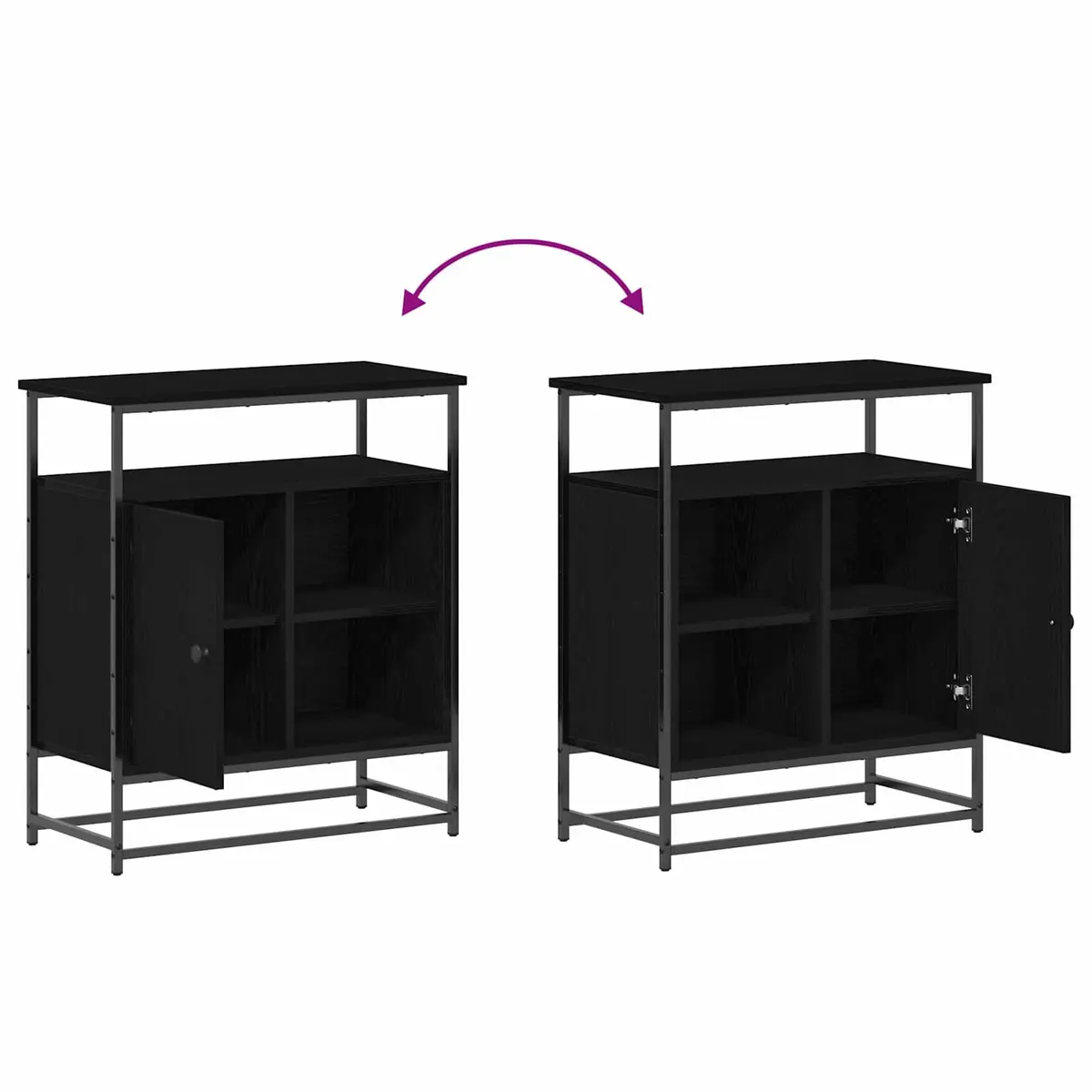 Sideboard Black Engineered Wood Modern Storage Cabinet with Hinged Doors and Steel Handles