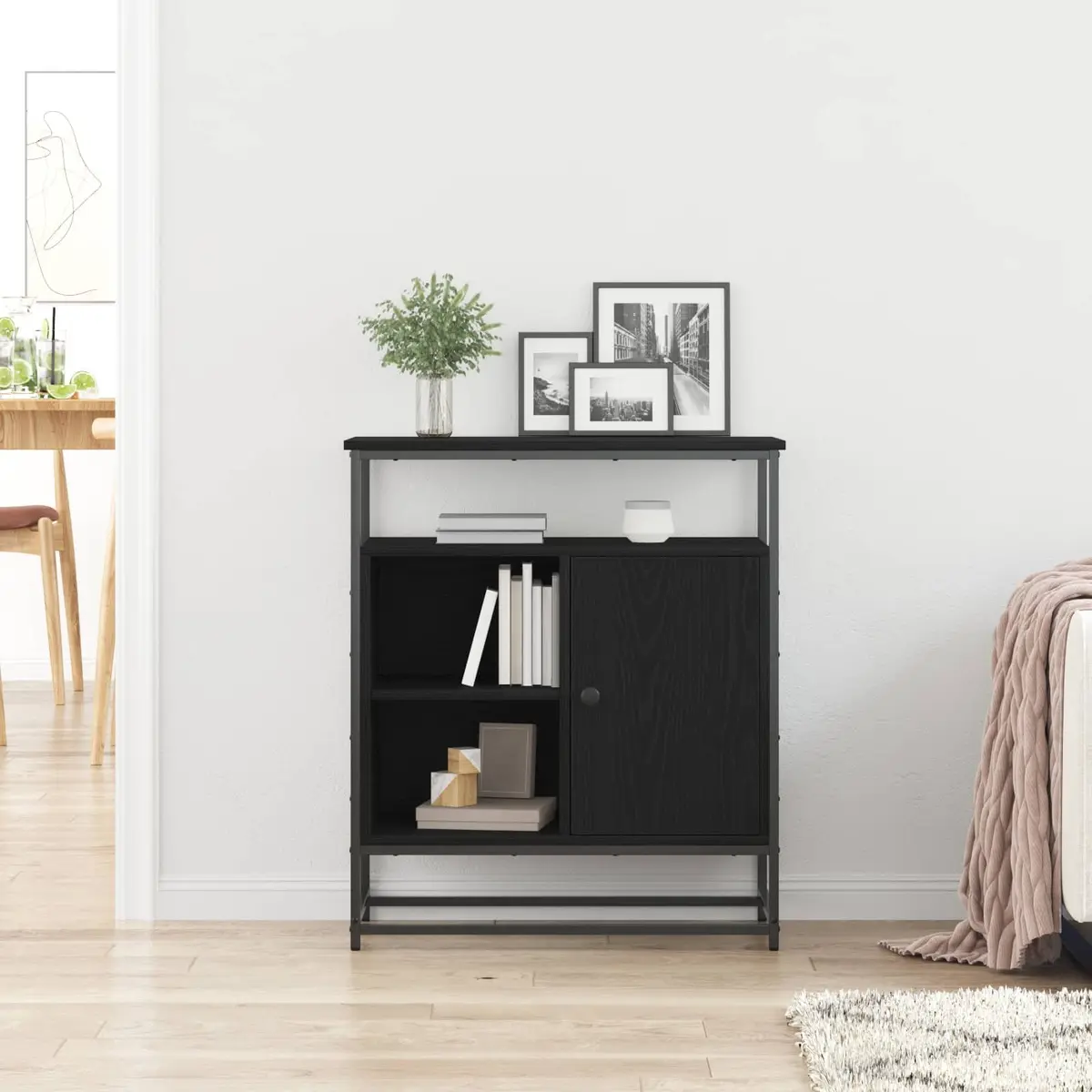 Sideboard Black Engineered Wood Modern Storage Cabinet with Hinged Doors and Steel Handles