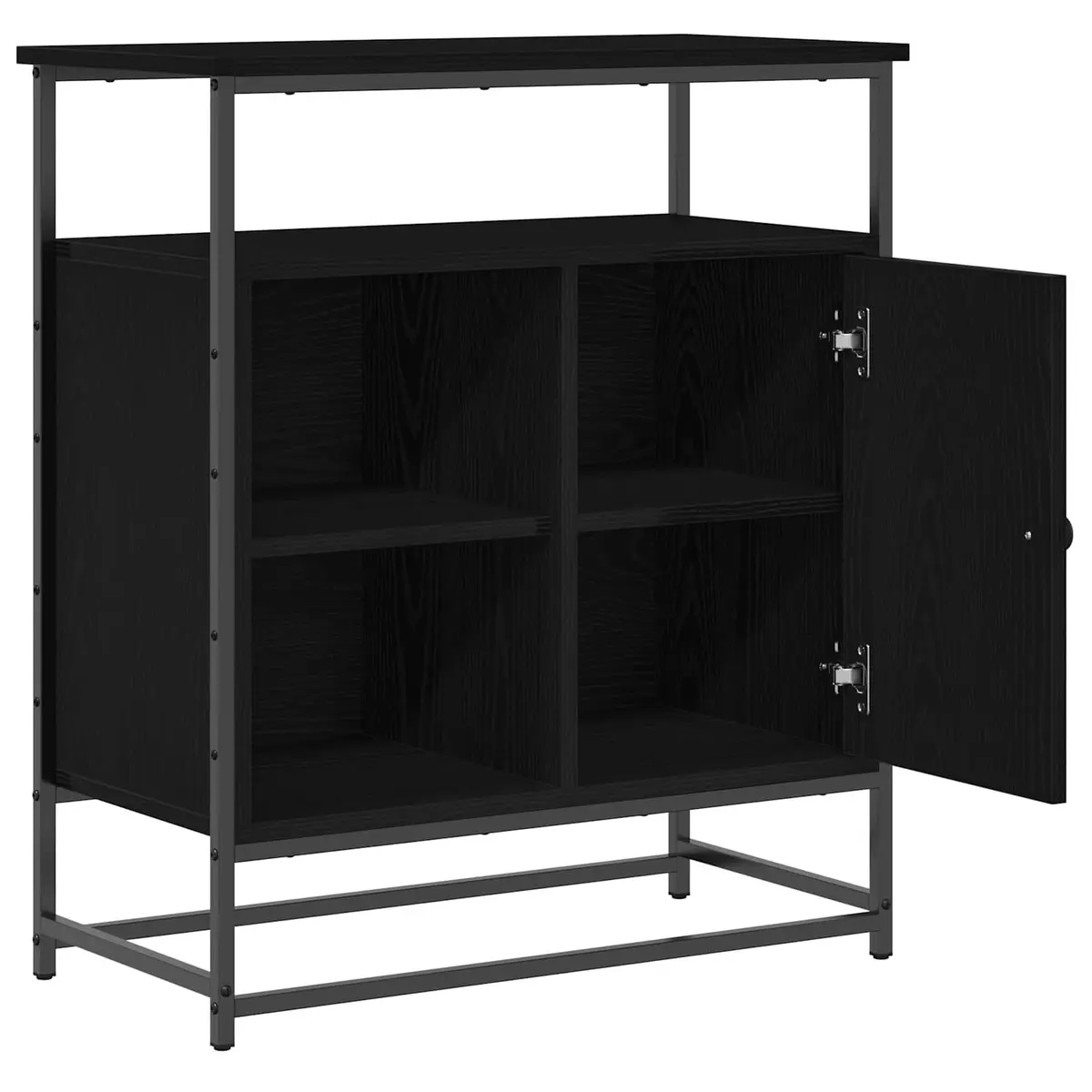 Sideboard Black Engineered Wood Modern Storage Cabinet with Hinged Doors and Steel Handles