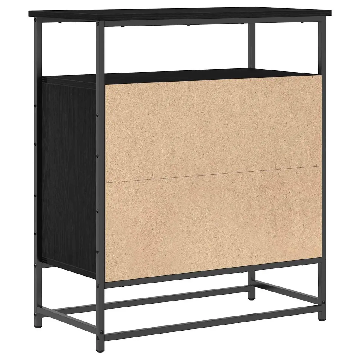 Sideboard Black Engineered Wood Modern Storage Cabinet with Hinged Doors and Steel Handles
