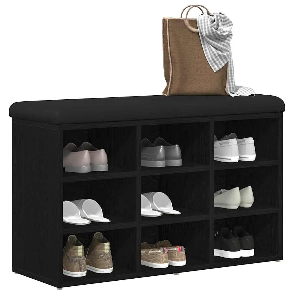 Shoe Bench Black Engineered Wood Modern Entryway Seating with Storage Shelf