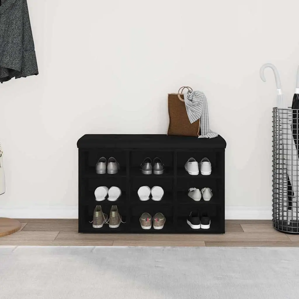 Shoe Bench Black Engineered Wood Modern Entryway Seating with Storage Shelf