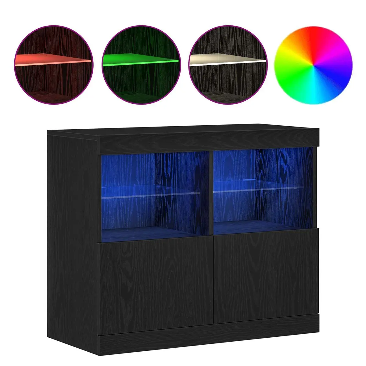 LED Sideboard Black Engineered Wood Sliding Doors RGB Lighting