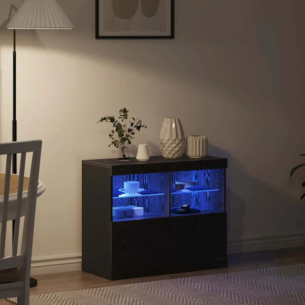 LED Sideboard Black Engineered Wood Sliding Doors RGB Lighting
