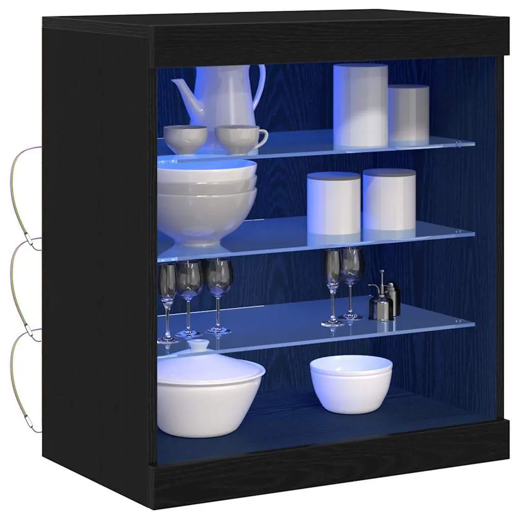 Sideboard Black Oak Modern RGB LED Lighting Glass Shelves Storage Cabinet