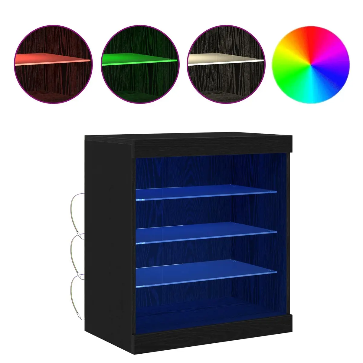 Sideboard Black Oak Modern RGB LED Lighting Glass Shelves Storage Cabinet