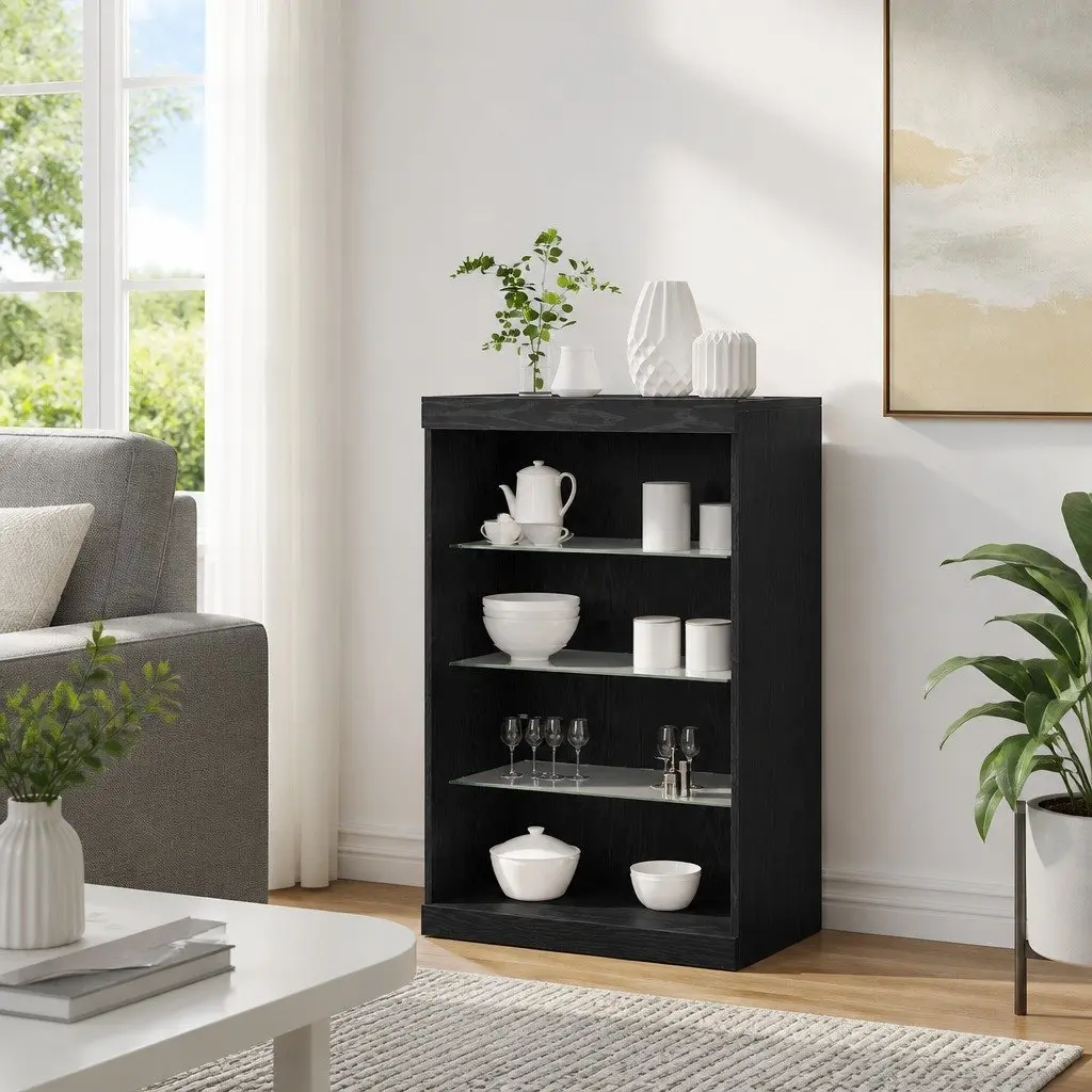 LED Sideboard Black Oak Modern Storage Cabinet with Glass Shelves