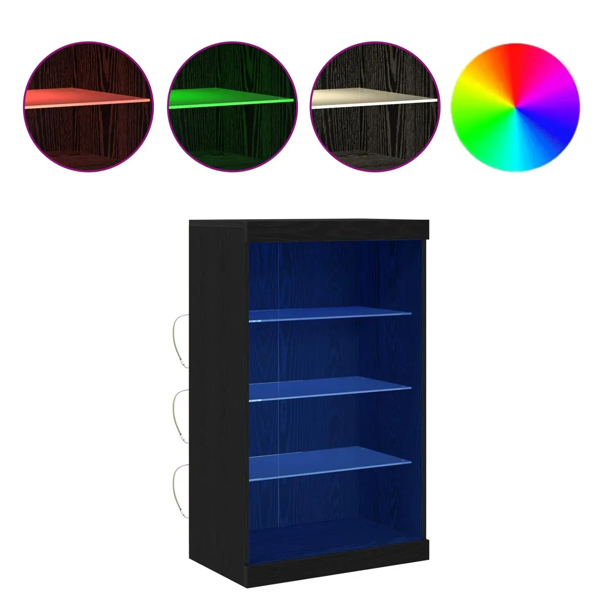 LED Sideboard Black Oak Modern Storage Cabinet with Glass Shelves