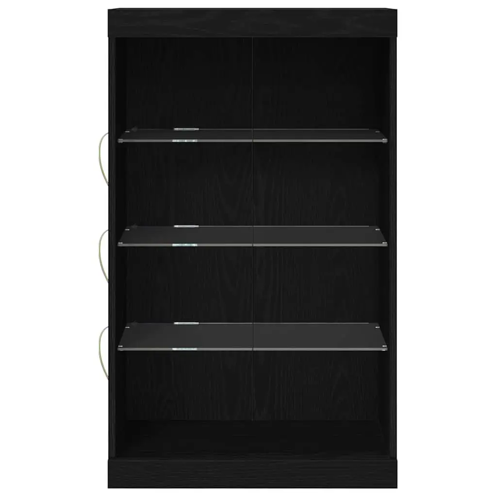 LED Sideboard Black Oak Modern Storage Cabinet with Glass Shelves
