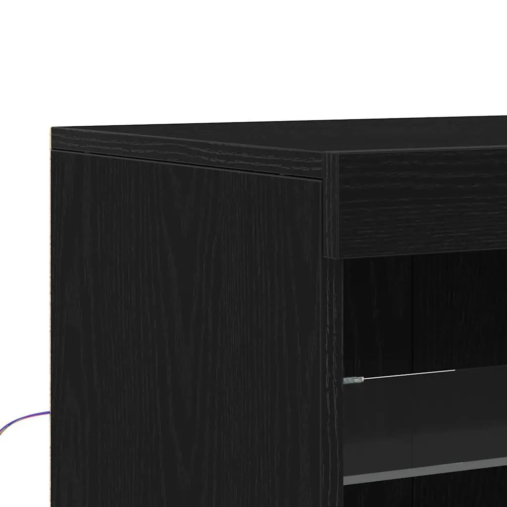 LED Sideboard Black Oak Modern Storage Cabinet with Glass Shelves